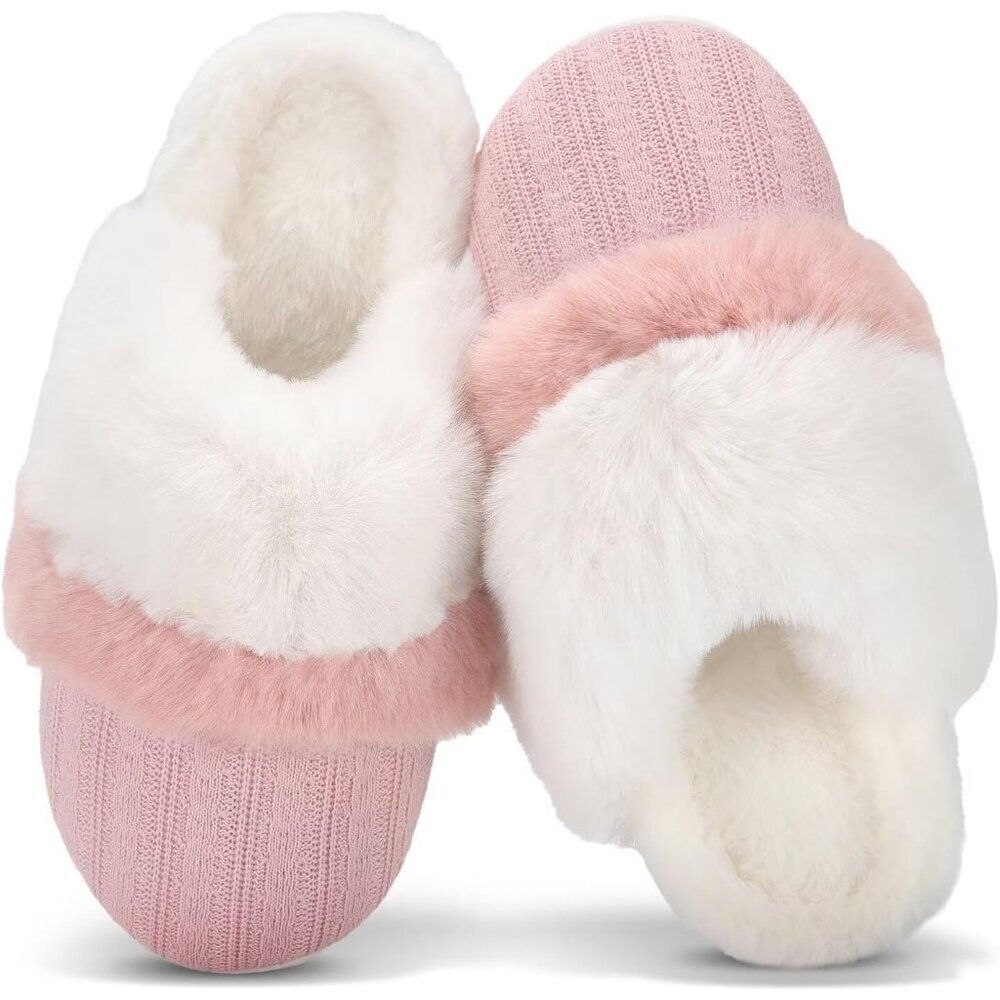 Women's Two Tone Pink White Faux Fur Lining Collar Memory Foam Slippers Shoes